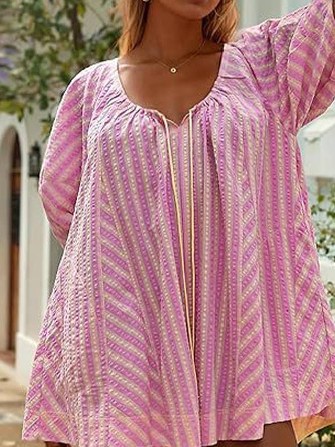 UNISHE - Wholesale Romper - Women's - Striped U Neck Front Tie Loose Romper ZK17015