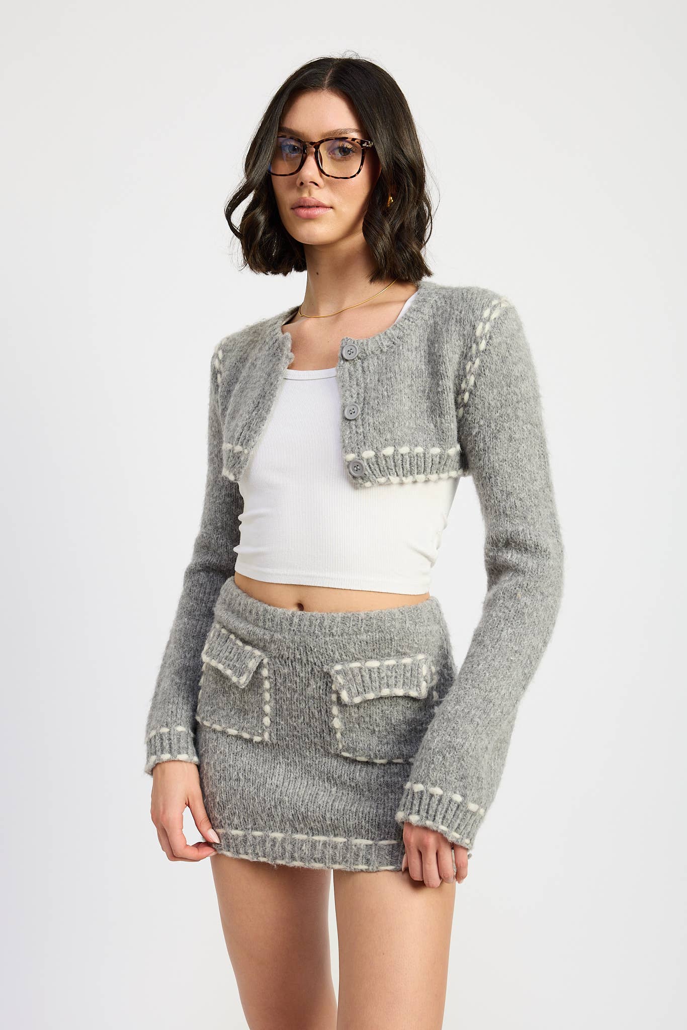 H GREY KNIT MINI SKIRT WITH CONTRASTED STITCHING for wholesale on Faire2
