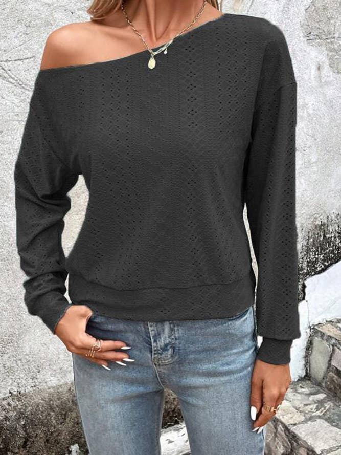 Wholesale Plain One Shoulder Jacquard Long Sleeves Top ZK198 Wholesale Plain One Shoulder Jacquard Long Sleeves Top ZK198