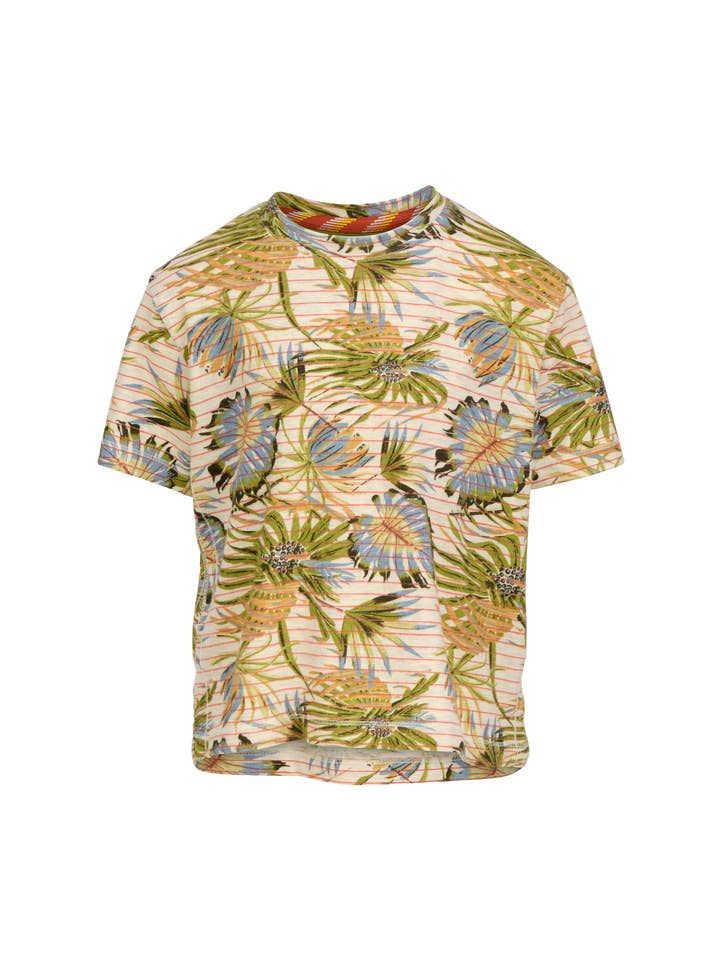 T-shirt ecru a manica corta da bambino con stampa a foglie per la vendita all'ingrosso da parte di J&JOY