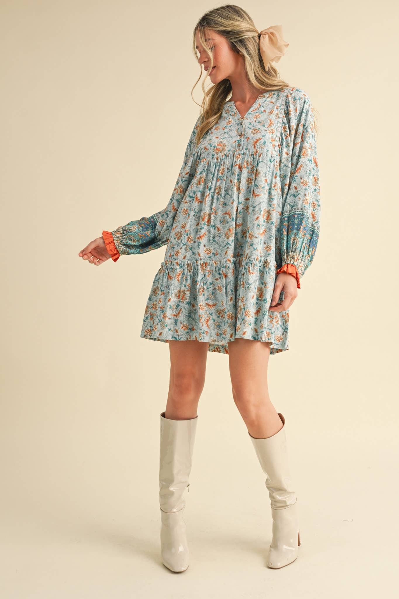 &MERCI - Wholesale Dress - Women's - EXCLUSIVE PRINT PUFF SLEEVE TIERED BABYDOLL DRESS MDR349010