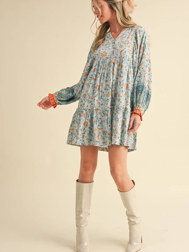 &MERCI - Wholesale Dress - Women's - EXCLUSIVE PRINT PUFF SLEEVE TIERED BABYDOLL DRESS MDR349010