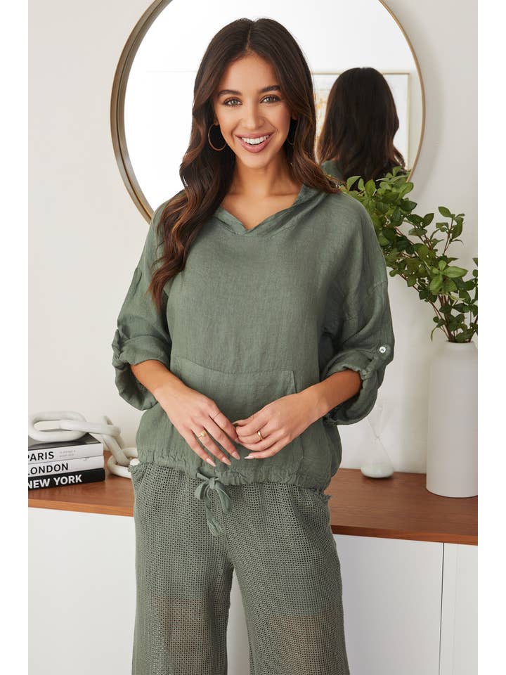 MILIO MILANO - Venta al por mayor Sudadera con capucha - Mujer - TOP CON CAPUCHA DE LINO ARRUGADO CON BAJO AJUSTABLE (23.2290/80801-BLANCO)2