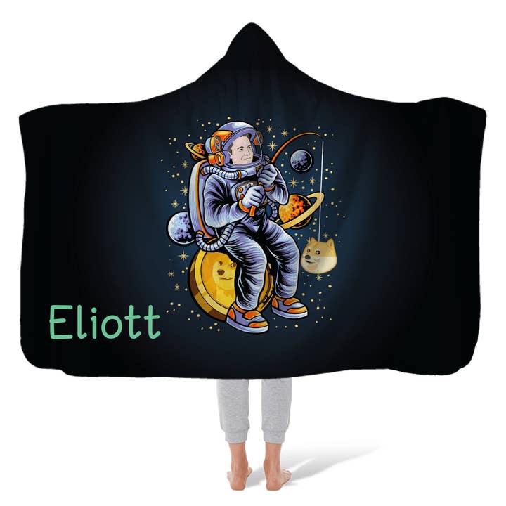 Hooded Fleece Blanket: Dogecoin Elon Fishing for wholesale by Sam and Zoey