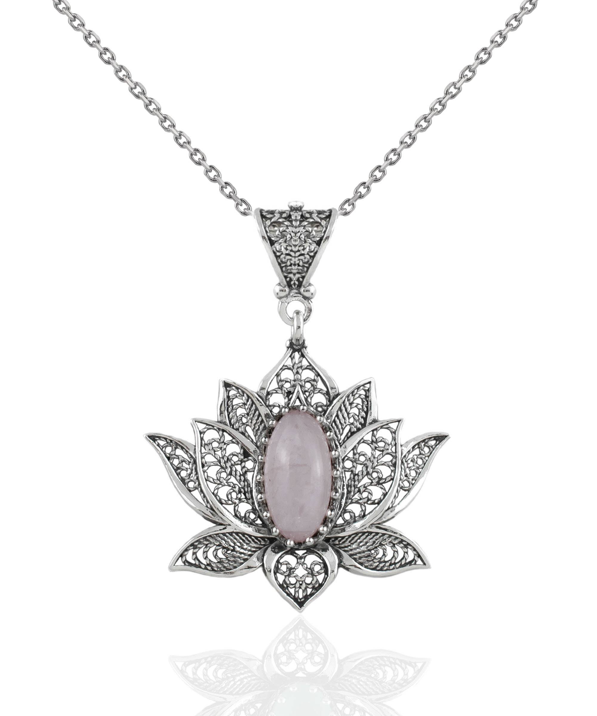Filigranist Jewelry - Vente Colliers à pendentif - Collier à pendentif en argent sterling en filigrane en forme de lotus et quartz rose pour femme0