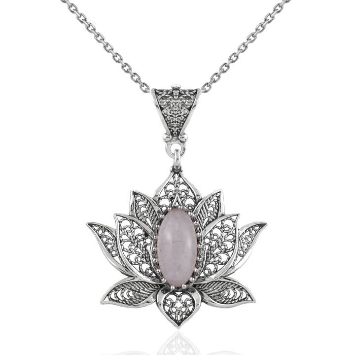 Filigranist Jewelry - Wholesale Pendant/Charm Necklace - Sterling Silver Filigree Lotus Rose Quartz Gemstone Woman Pendant Necklace