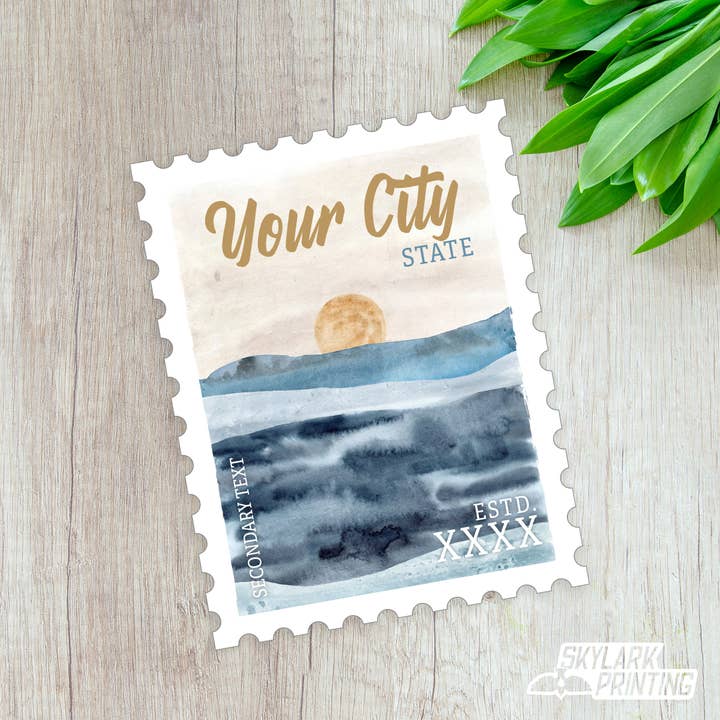 Beach Souvenir Sticker in Stamp Shape with Your City, State for wholesale by Skylark Printing
