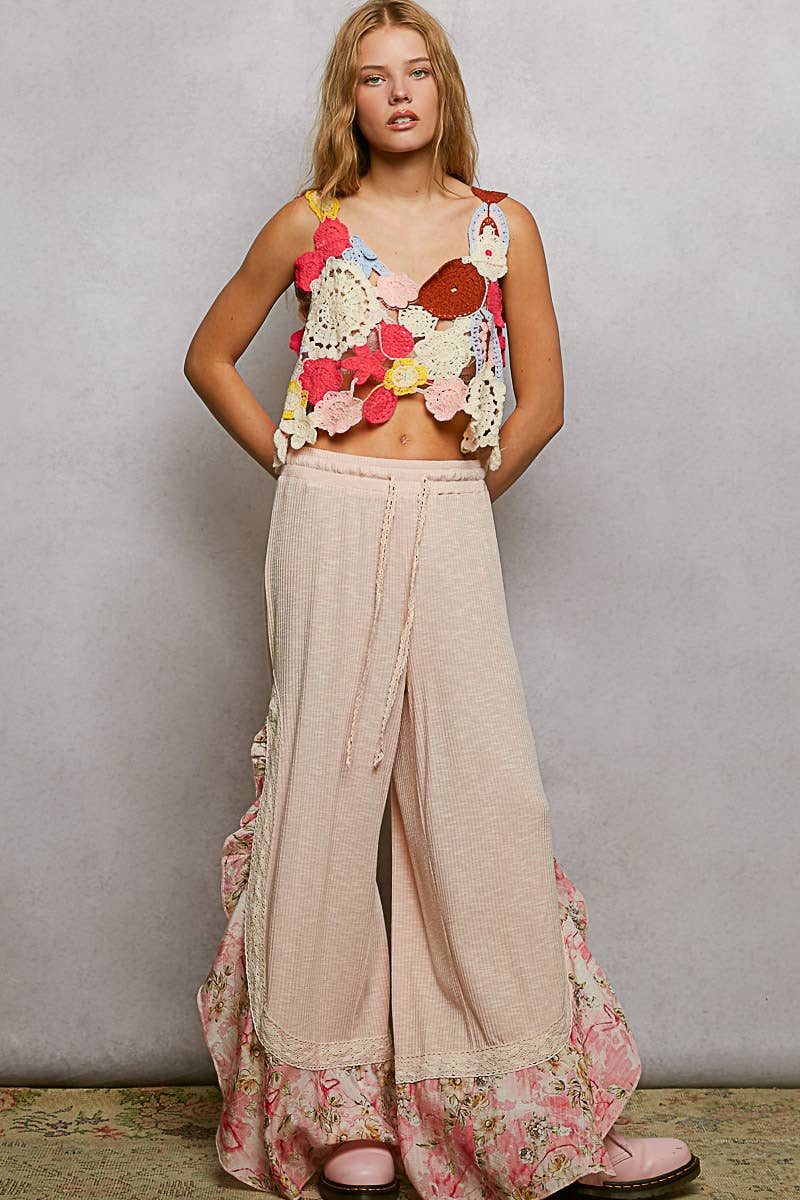 Pol Clothing - Wholesale Pants - Women's - Floral Pattern Ruffle Detail Ribbed Knit Pants32