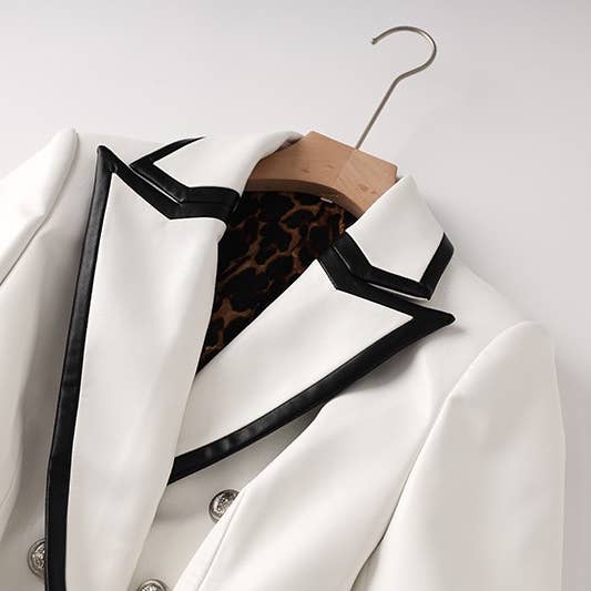 BL035 PU White Blazer: Bold Black Trim & Wild Lining for wholesale on Faire
