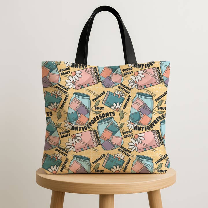 Bookish Antidepressants Bookstore Read Large Zipper Tote Bag for wholesale by The Geek Boutique
