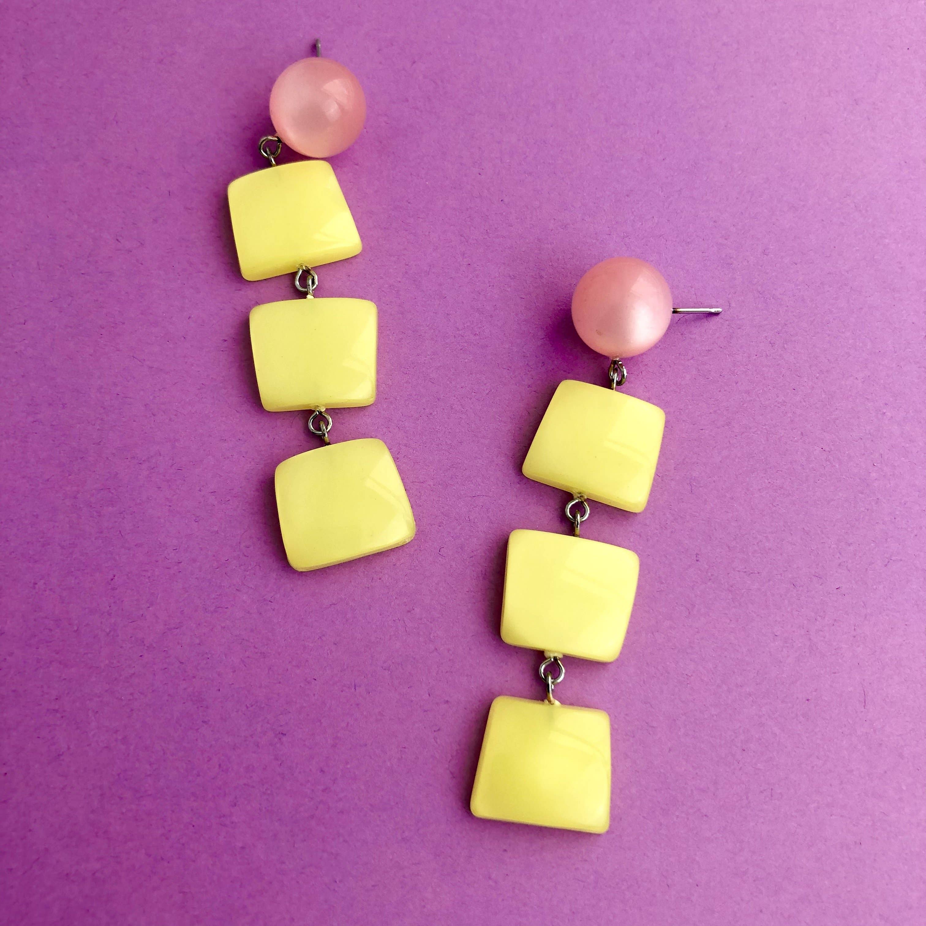 Leetie Lovendale - Wholesale Dangle Earrings - Light Pink & Yellow Geometric Stack Moonglow Statement Earrings1