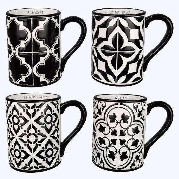 Mug en céramique avec motif de carreaux noir et blanc 4 Ast Cadeaux généraux pour la vente par Young's