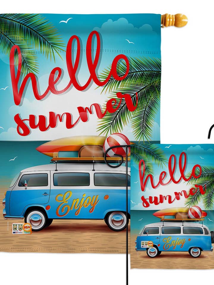 Drapeau de véhicule Hello Summer, Enjoy Bus Summertime Fun et Sun pour la vente par Two Group Flag Co