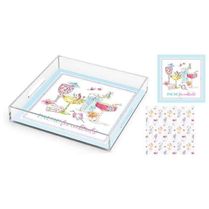 Pause For Cocktails Mahjong Cocktails Acrylic Tray 12x12 for wholesale by RosanneBeck Collections