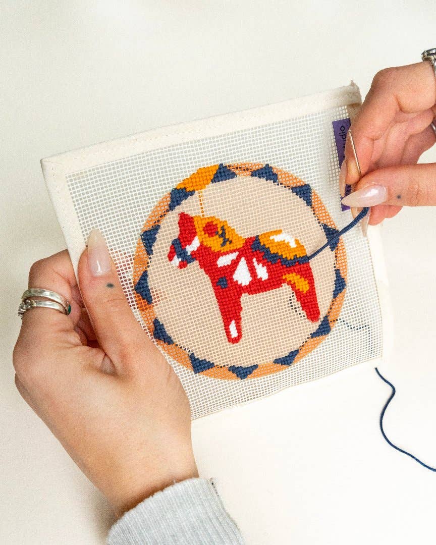 Unwind Studio - Wholesale DIY Craft Kit - Dala Horse Red Needlepoint Ornament Kit