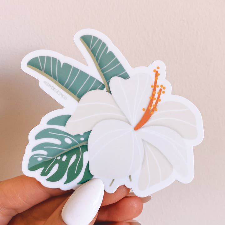 Hay Design Co. - Wholesale Sticker - White Hibiscus and Tropical Leaves Sticker0