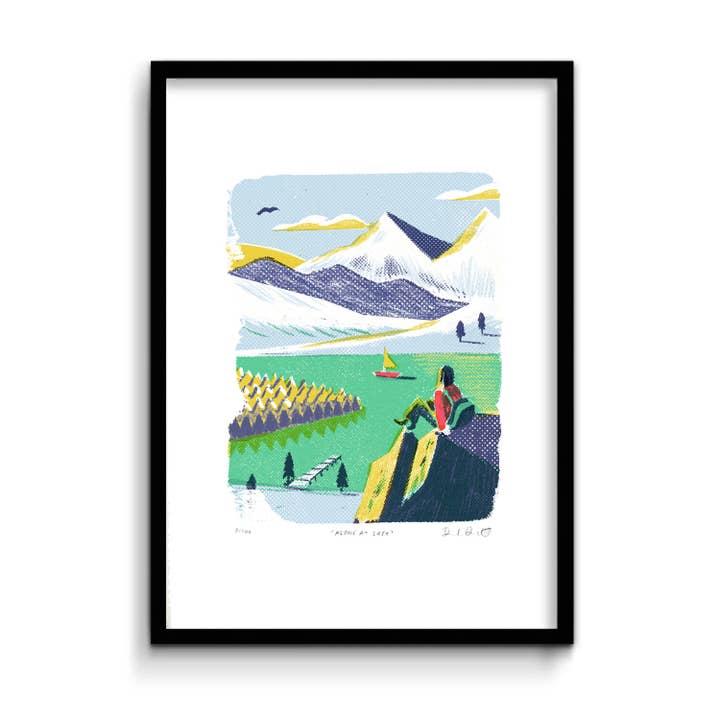 Montagne da sole arrampicata avventura lago barca seduti per la vendita all'ingrosso da parte di Haskett Prints