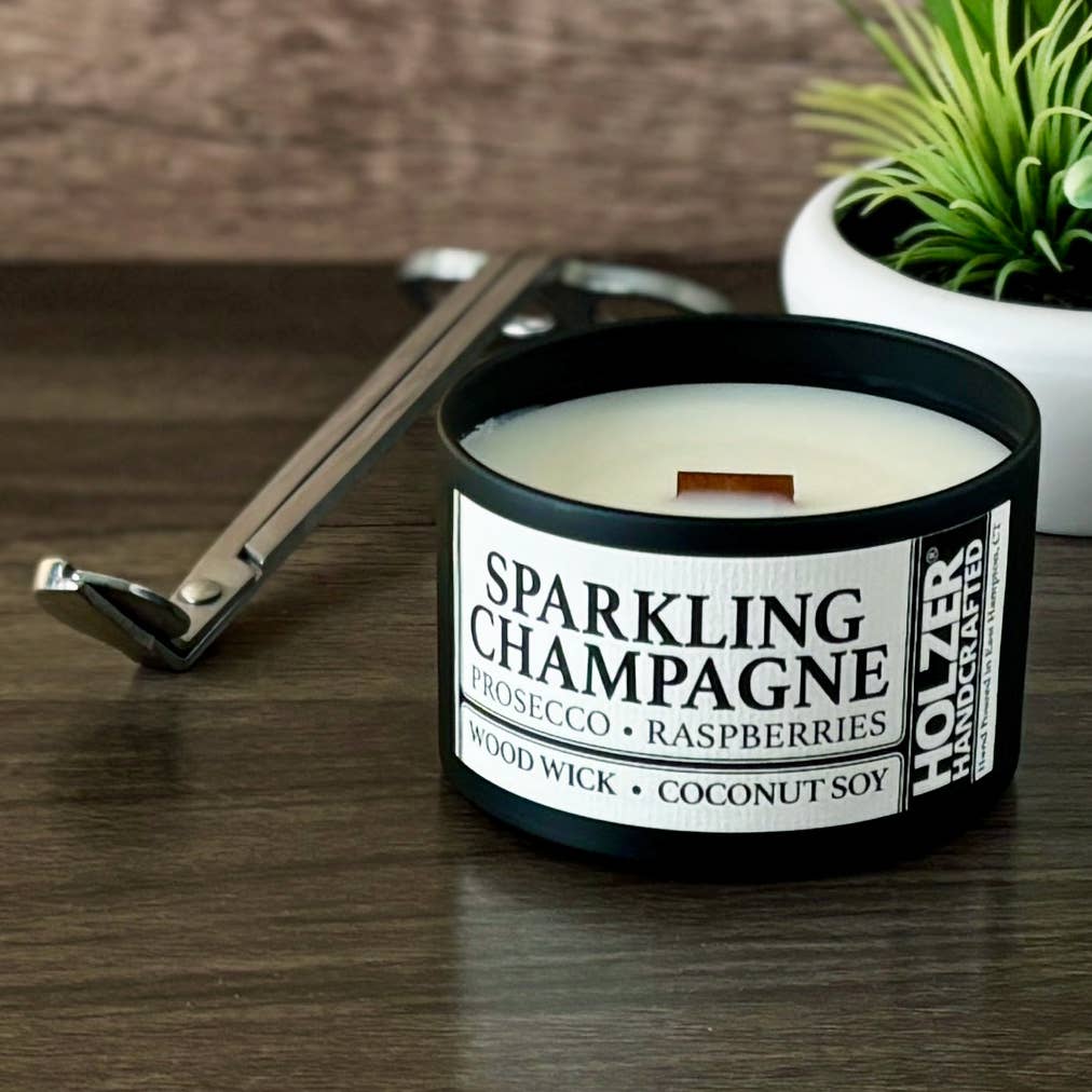 Holzer Handcrafted ® - Wholesale Jar/Filled Candle - Wood Wick Candle Sparkling Pink Champagne - Prosecco + Raspberries Scented | Natural | Hand-poured Coconut Soy Wax | 6 oz Modern Black Tin with Lid | Handmade | Non-toxic Phthalate-free Luxury Fragrance4