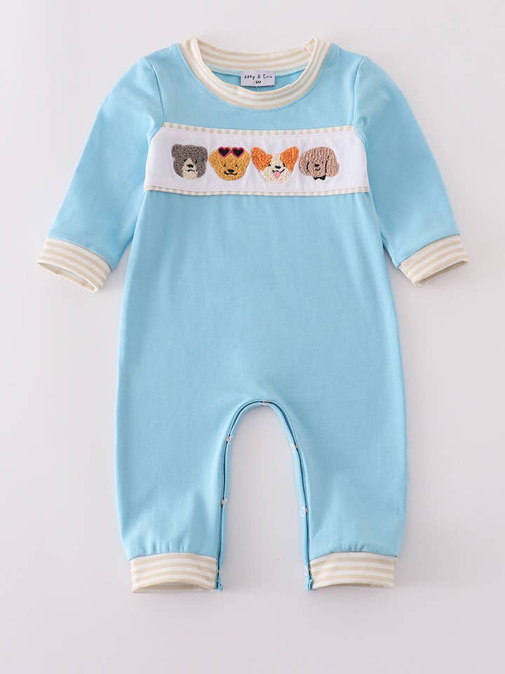 Blauer Welpe Strampler mit französischem Knoten für den Großhandel von Aspen Rain Boutique