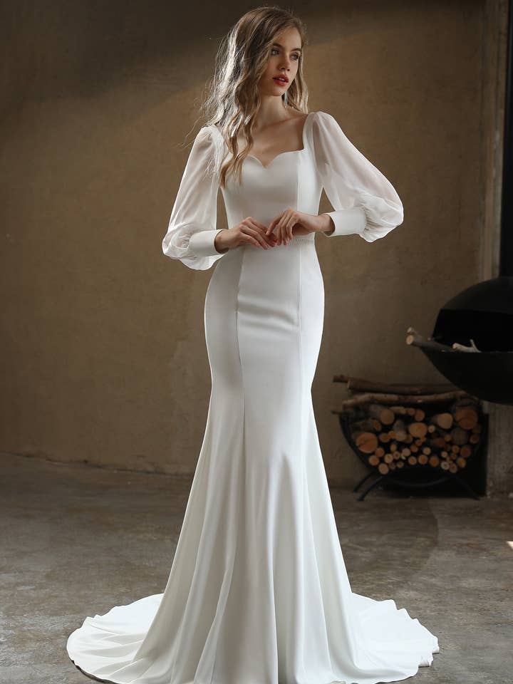 Chic Crepe Fit and Flare Wedding Gown with Long Chiffon Sleeves for wholesale by Bridal DIrect