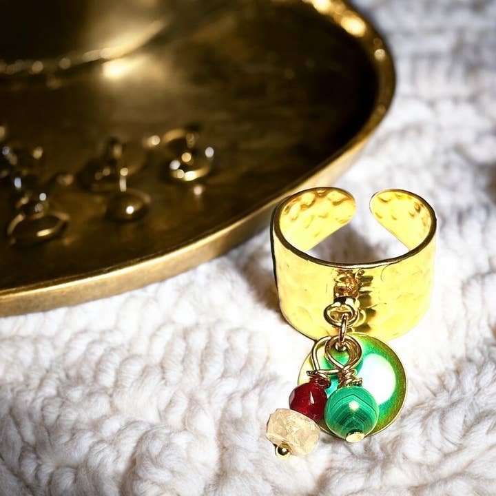 Bague dorée or fin avec pierre de Lune Malachite et Agate pour la vente par TOURMALYN