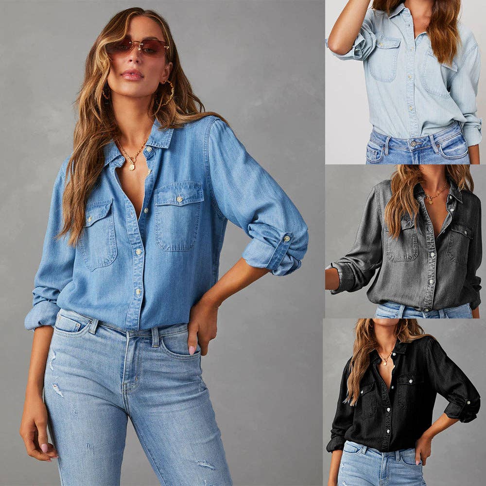 SALINA TRADING INC - Wholesale Button Down Shirt - Women's - Women's Long Sleeve Denim Shirt with Polo Collar4