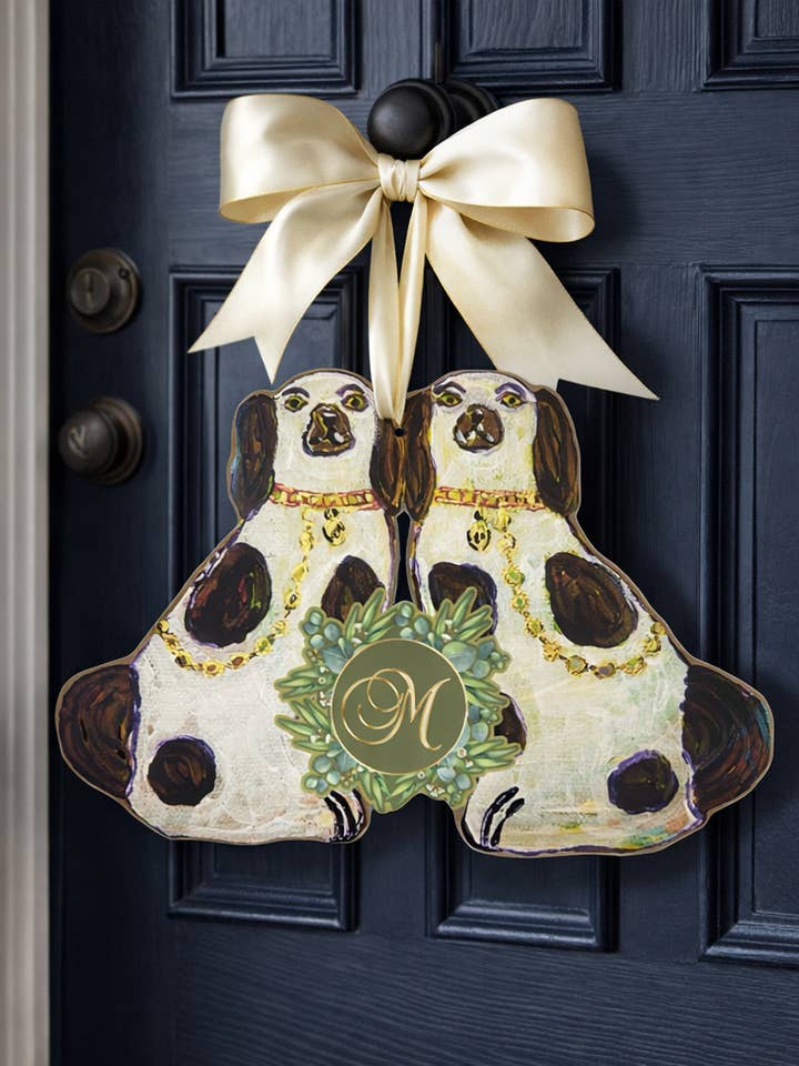 LARGE Designer To-Be Personalized Staffie Dogs Door Hanger for wholesale by Mid Mod Design LLC