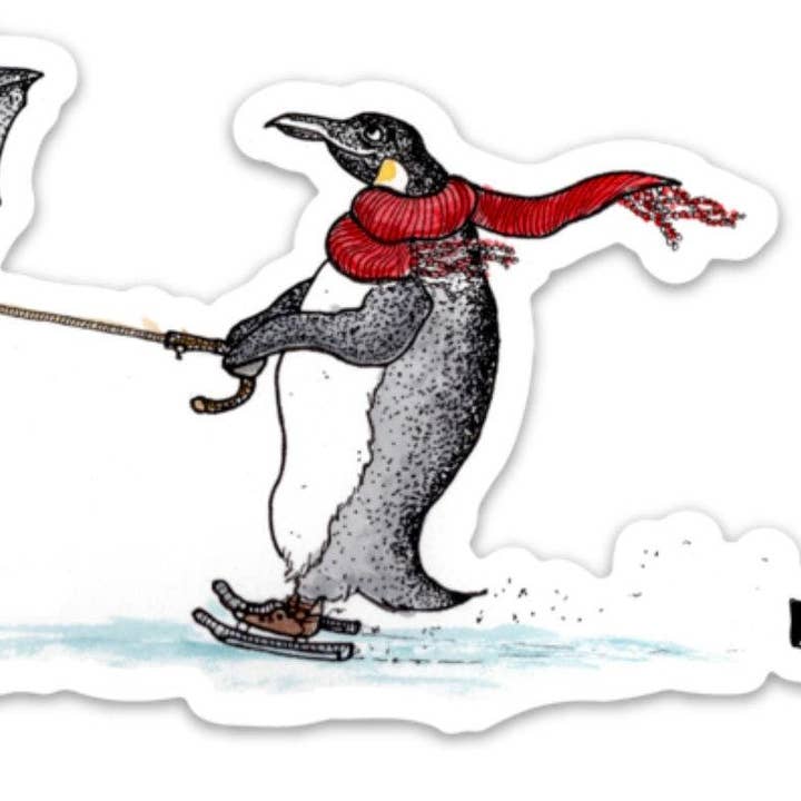 Adhesivo de vinilo con diseño de pingüino con paraguas y patines de hielo para venta al por mayor de Bellavance Ink