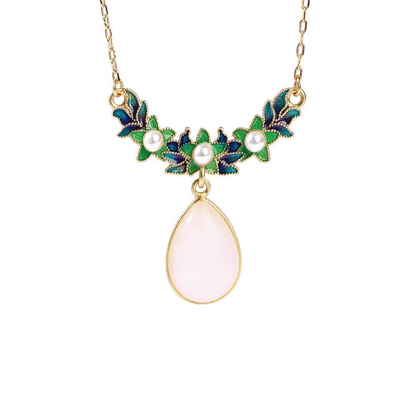 Bright MacMing - Wholesale Pendant/Charm Necklace - Green Enamel Leaves White Jade Necklace2