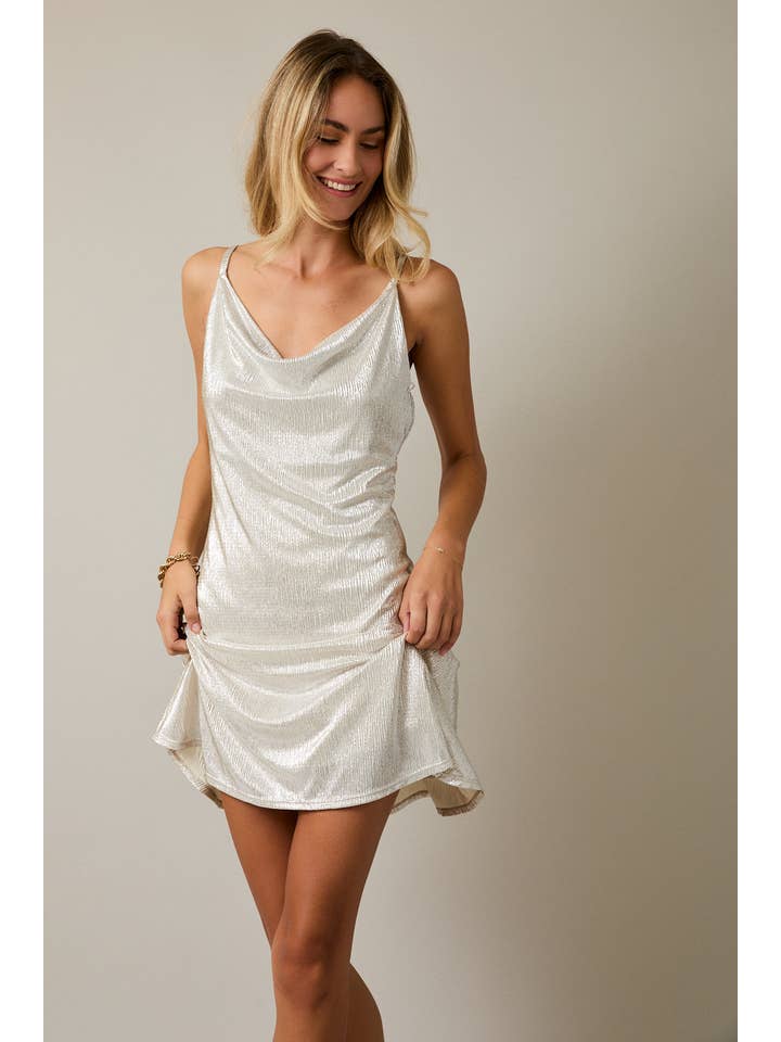 CHAMPAGNE COWL NECK S.P.G STRAP MINI DRESS for wholesale on Faire1