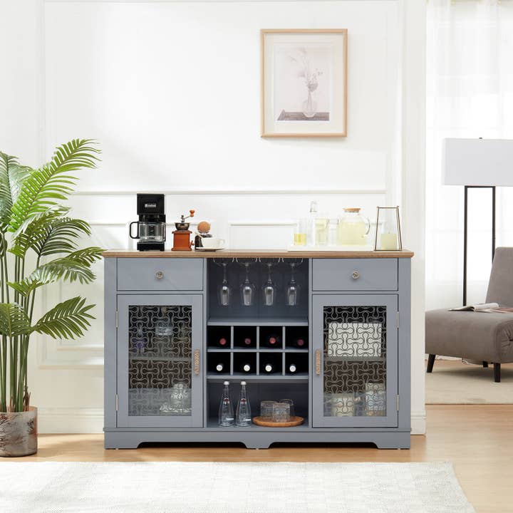 Orange County Decor - Wholesale Cabinet - Modern Farmhouse Buffet Cabinet, Sideboard With 2 Drawers And Elegant Glass Door Cabinets, Wine And Glass Rack, Coffee Bar For Kitchen, Dining Room, Light Blue And Light Oak, 56.46"W*15.55"D*35.74"H1