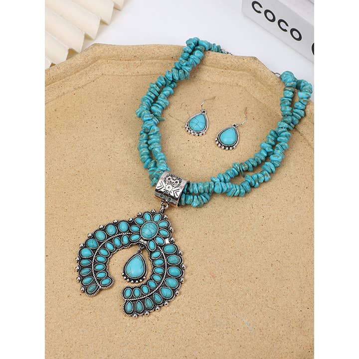 Wholesalesir - Wholesale Jewelry Set - Round Flower Turquoise Pendant Alloy Earring Necklace
