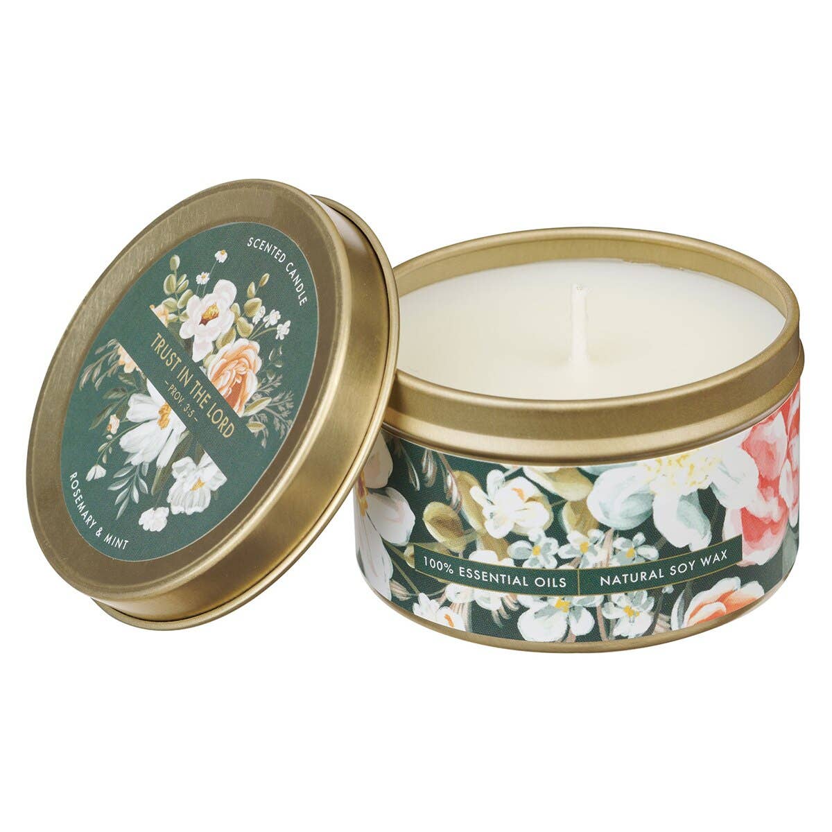 Christian Art Gifts - Wholesale Novelty Candle - Tin Candle Floral Green Trust in the Lord Prov. 3:51