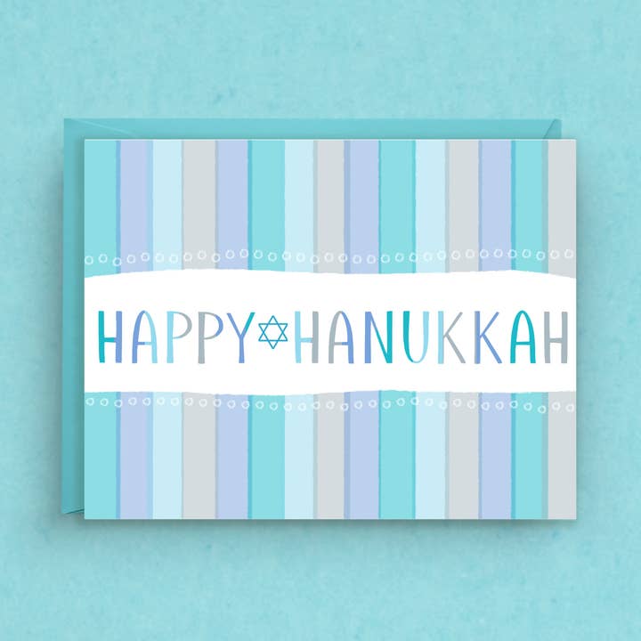 Hanukkah Card – Happy Hanukkah Blue Stripe Holiday Card for wholesale by Nicole Marie Paperie
