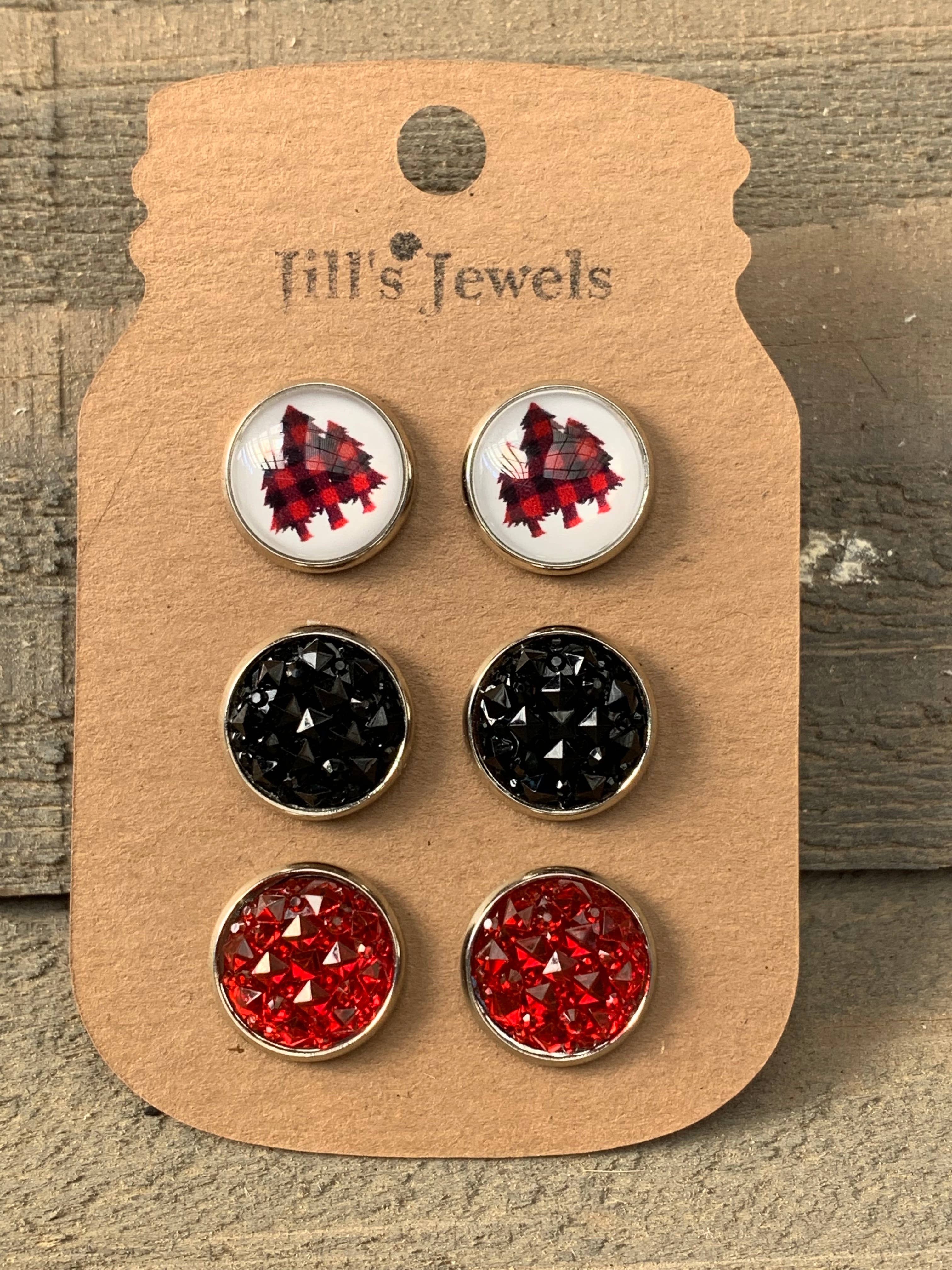 Jill's Jewels - Wholesale Jewelry Set - Buffalo plaid tree winter triple Faux Druzy 3 Earring Set1