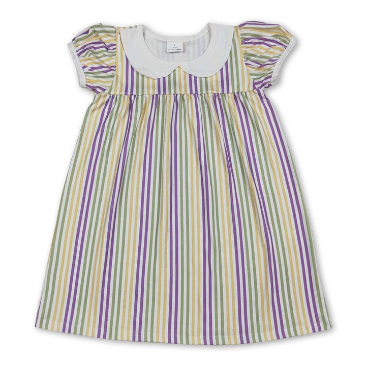 Yellow green purple stripe girls Mardi Gras dresses for wholesale by Yawoo Garments