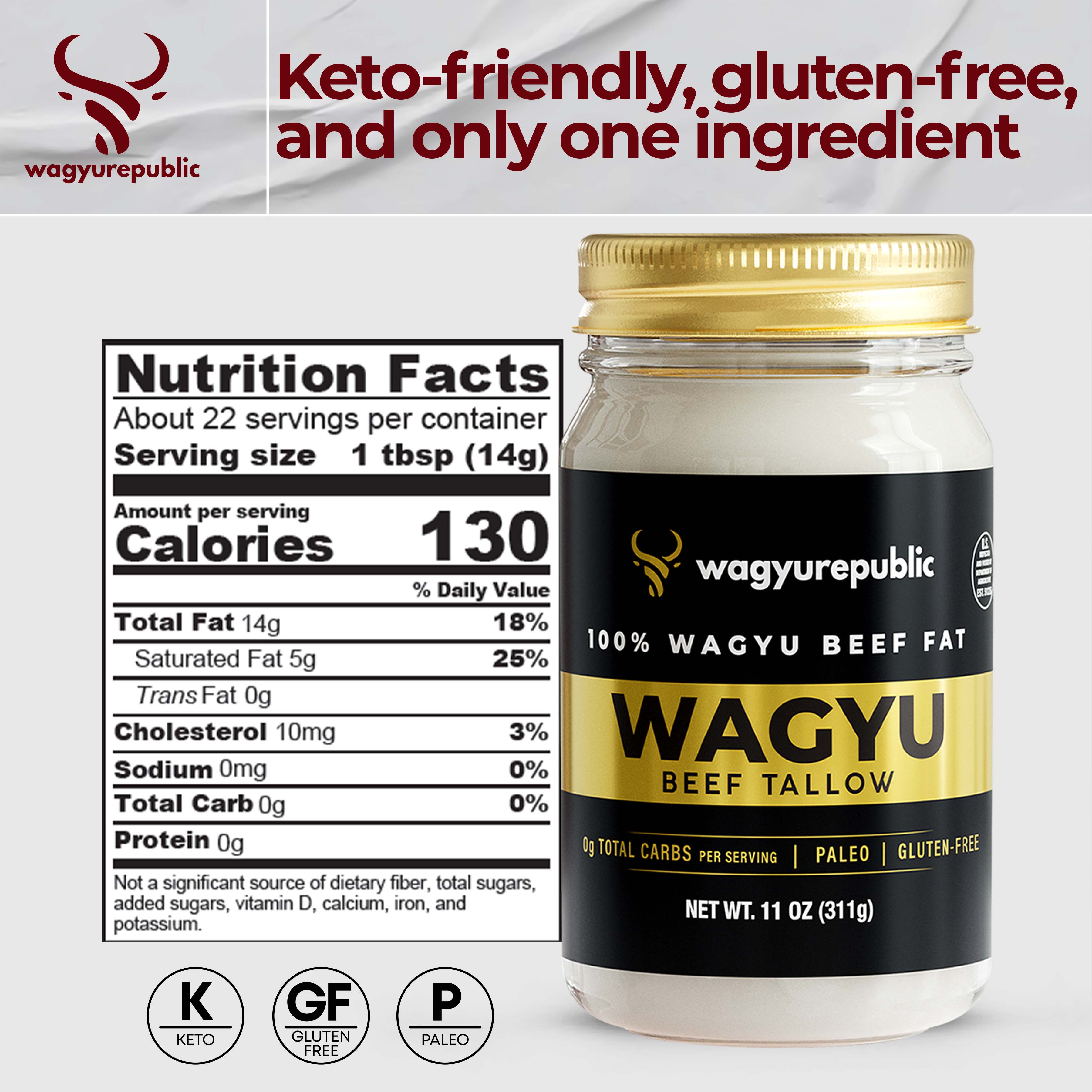 Wagyu Republic – wholesale Cooking oil – Wagyu Republic Wagyu Beef Tallow, 11oz Glass Jar1