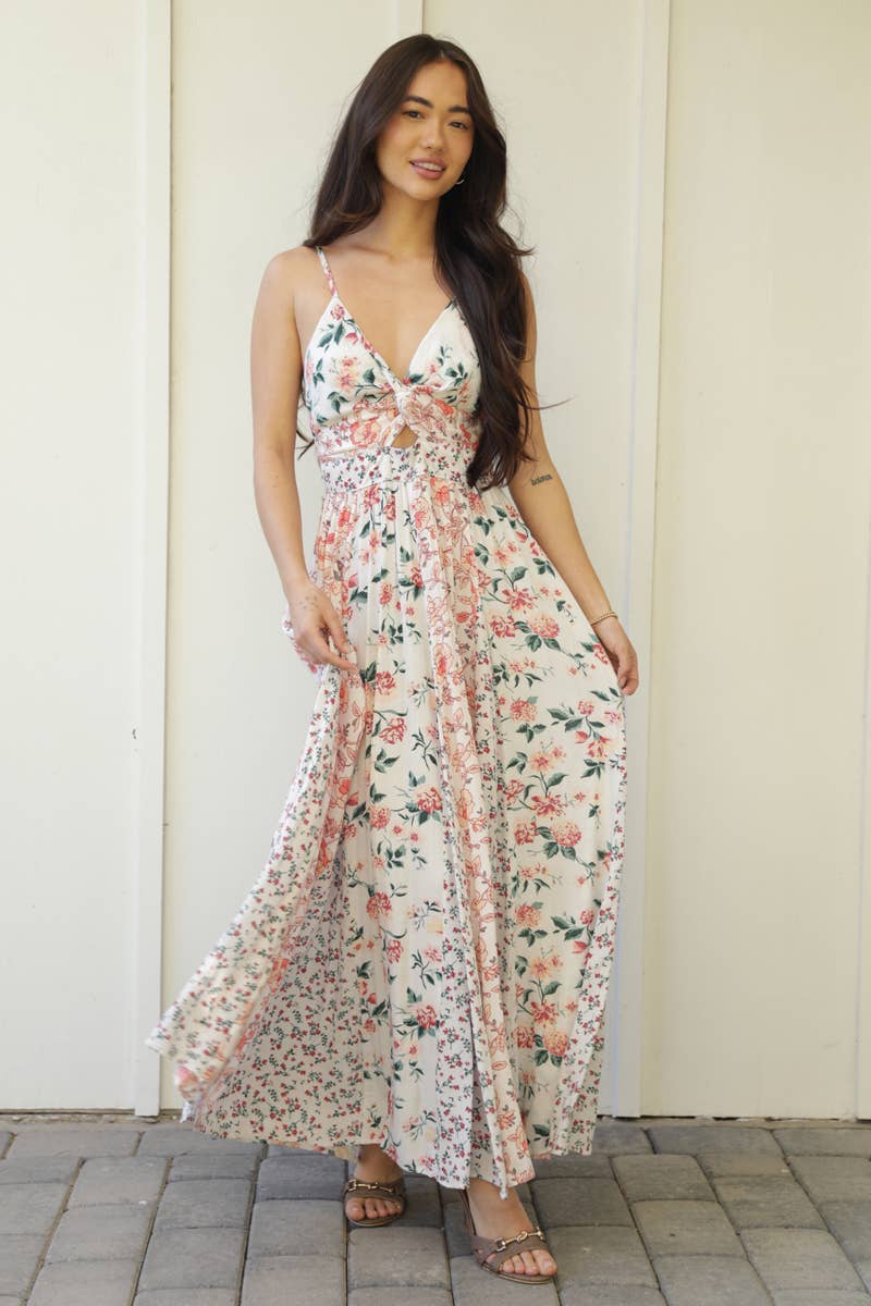 ANGIE - Wholesale Dress - Women's - C4C46-WA78-WA79 MIXED PRINT GODET MAXI DRESS WITH TWIST FRON10