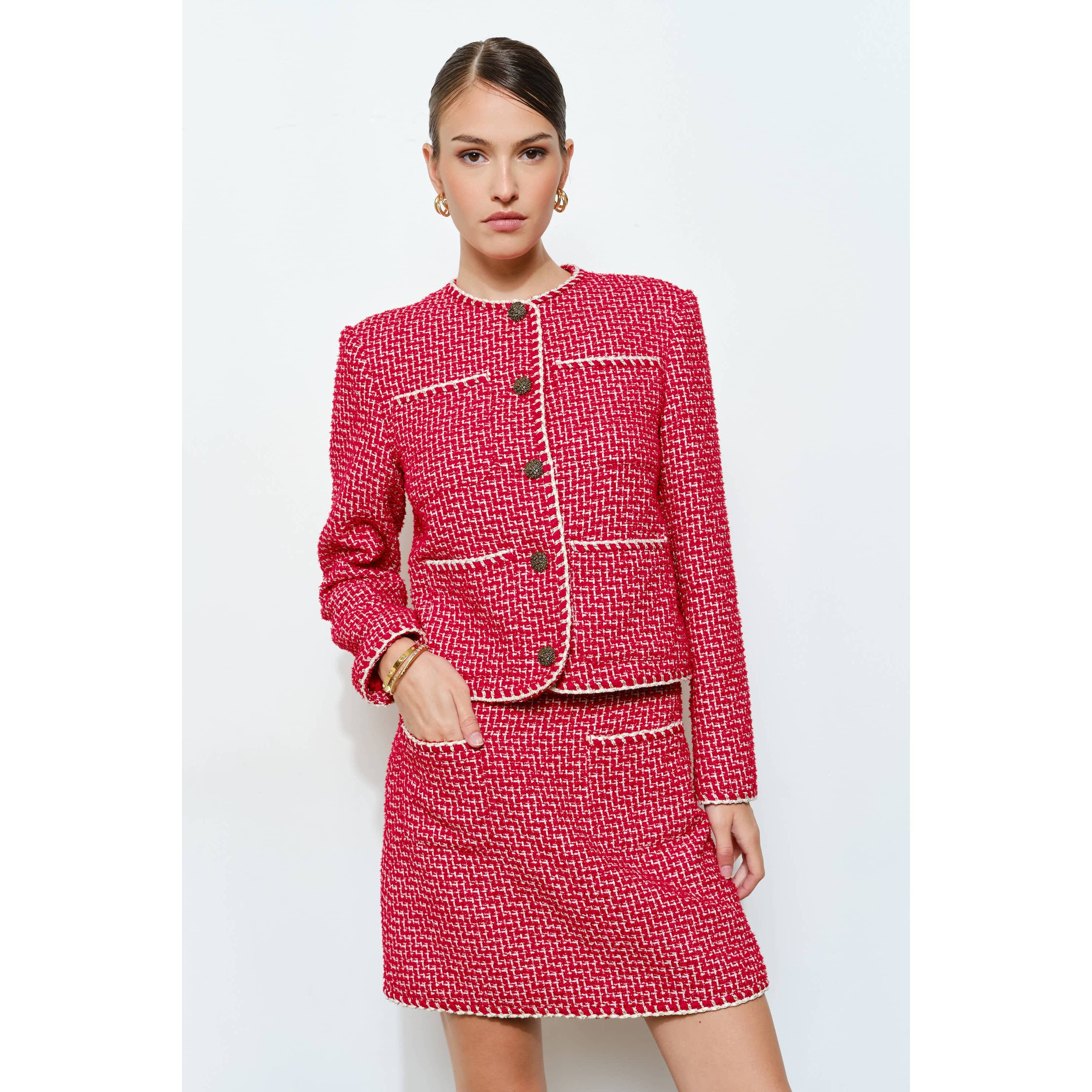 INA - Wholesale Jacket - Women's - Braided Trim Tweed Button-Up Jacket0