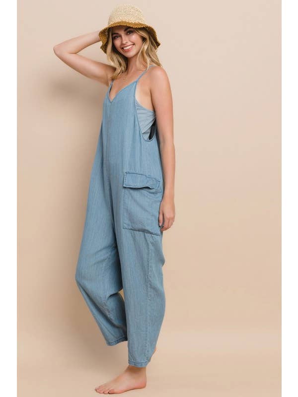 Acid Washed Chambray Oversized Jumpsuits for wholesale on Faire