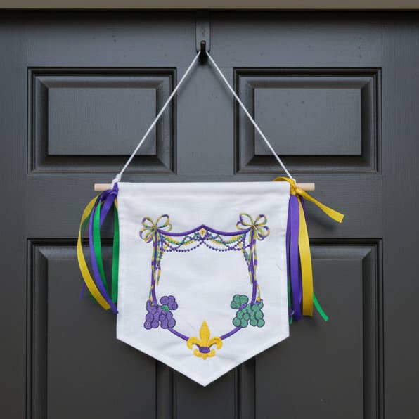 Mardi Gras Crest with Dogs | Banner for wholesale by Oh Stitch, Please LLC
