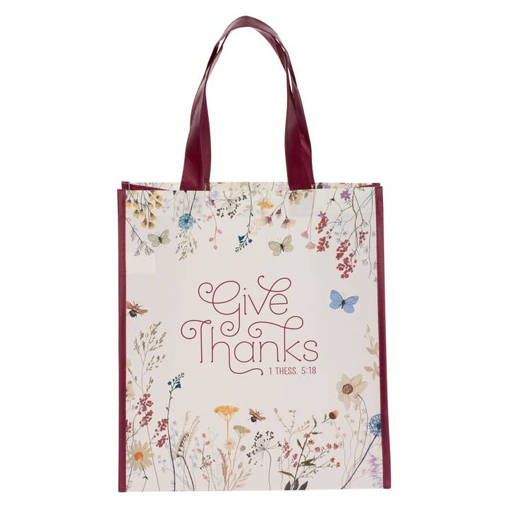 Tote Burgundy/White Floral Printed Give Thanks 1 Thess. 5:18 for wholesale by Christian Art Gifts