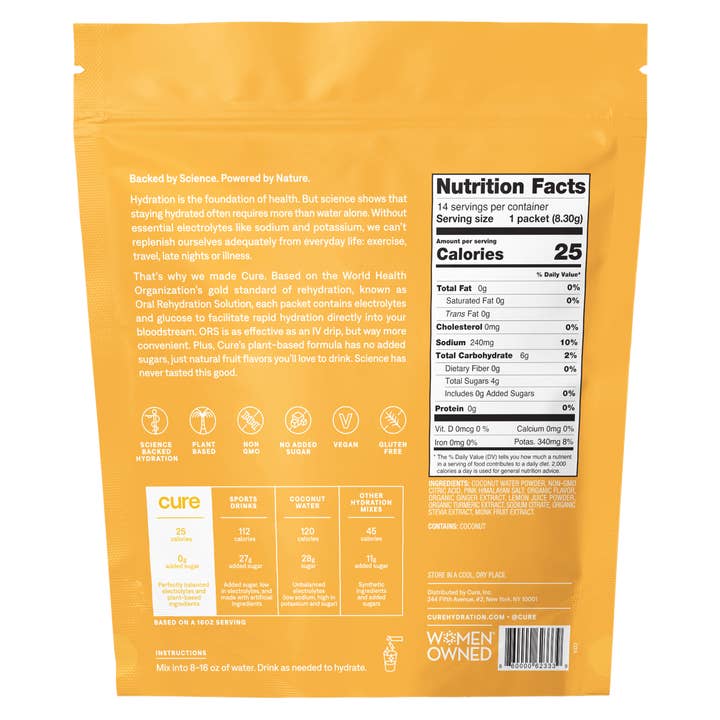 Cure Hydration - Wholesale Powdered Health Drink - Hydrating Electrolyte Drink Mix - Ginger Turmeric
