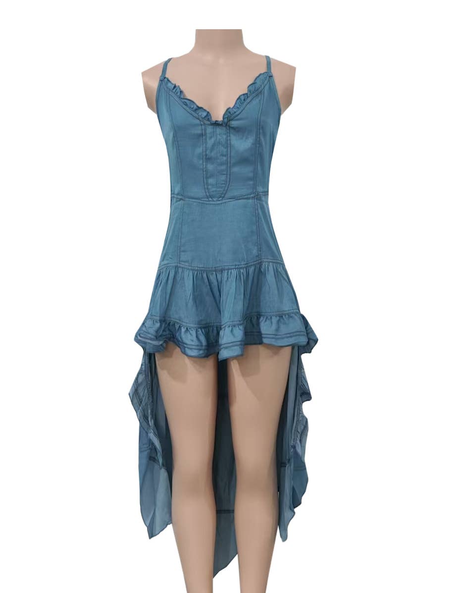 Blue Western Cowboy ruffle high-low corset strappy dress for wholesale on Faire