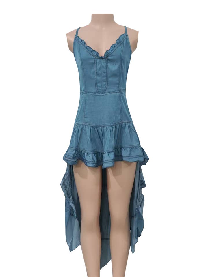 Blue Western Cowboy ruffle high-low corset strappy dress for wholesale on Faire0