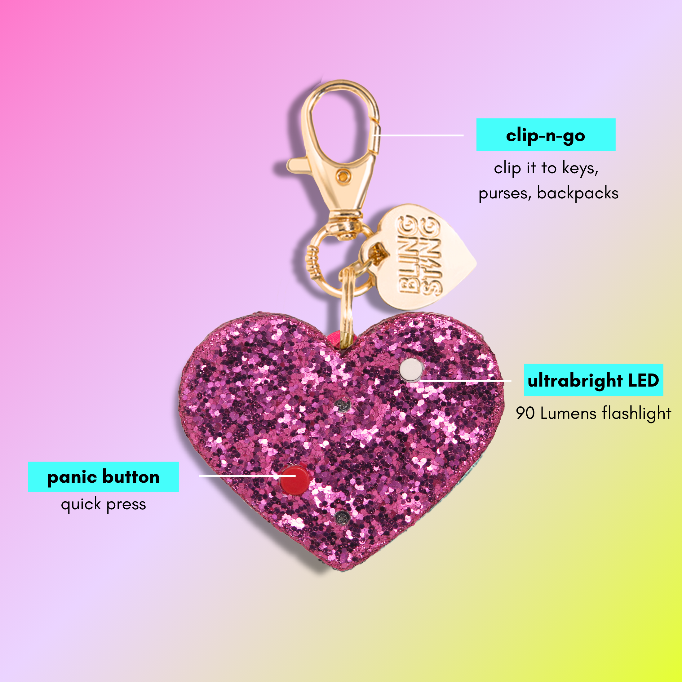 BLINGSTING - Wholesale Safety Alarm/Gear - Safety Alarm | Pink Glitter Heart1
