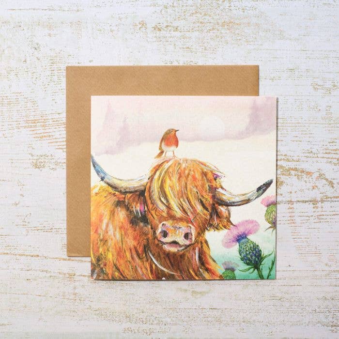 Highland Cow With Thistles and Robin Card for wholesale by Langs