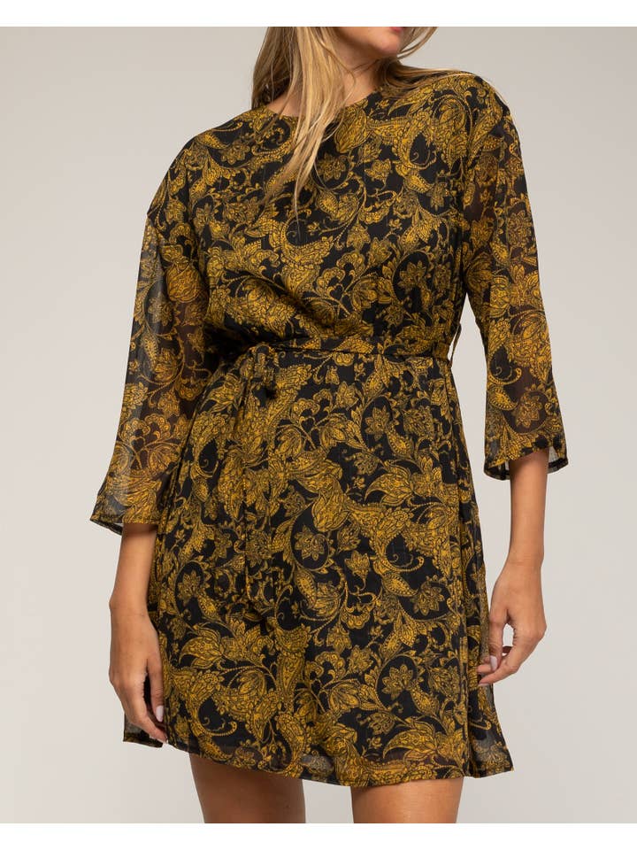 Black DRESS12350_Printed dress with belt. for wholesale on Faire4