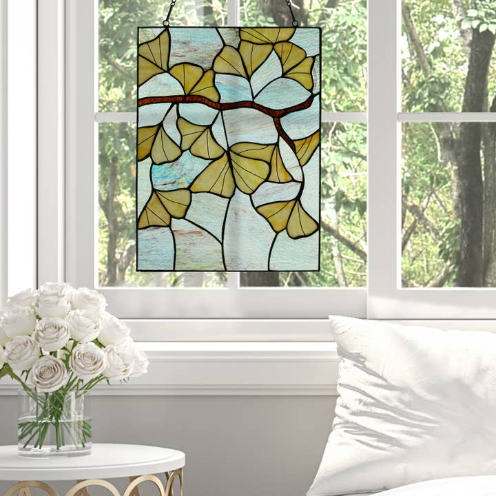 River of Goods - Wholesale Suncatcher - 17.5"H Robert Yellow Gingko Leaf Stained Glass Window Panel
