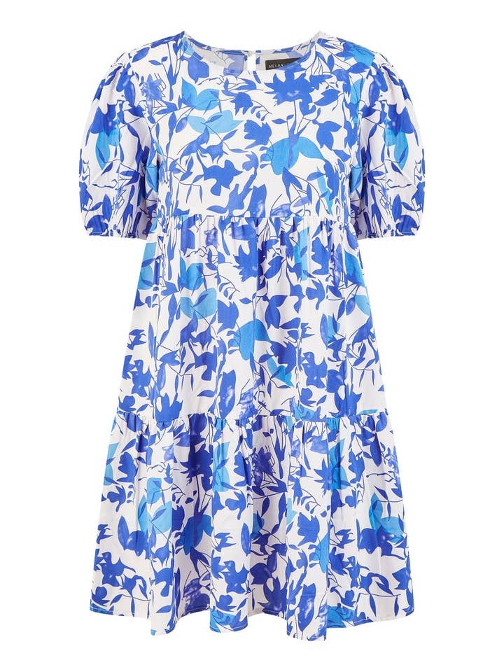 Mela Blue Leaf Print Tunic Skater Dress for wholesale on Faire
